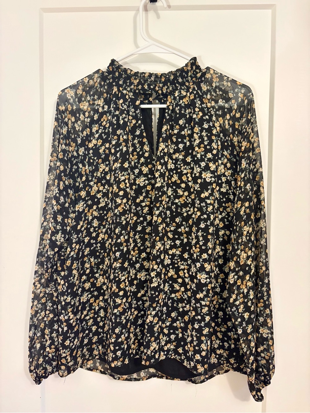Lush Black Floral Button-Neck Blouse with Yellow & White Flowers